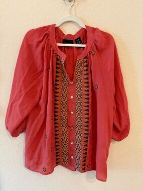 LIV LOS ANGELES Orange Geometric Embroidered Blouse, 3/4 Sleeve, Size XL